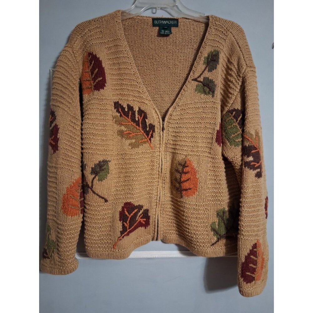 Bushwacker Cardigan Zip-Up Sweater Tan w/Fall Leaves Teacher Cottage Core Sz M